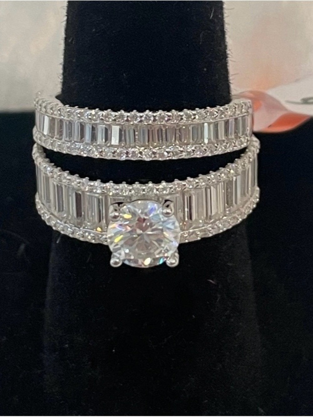 Rhodium plating over Sterling Silver Round-Cut Halo Engagement Ring Set